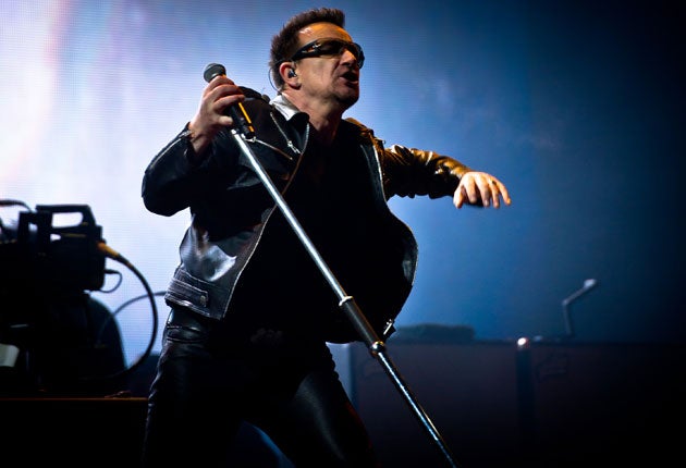 Throwing shade: Bono went for the wraparound look to create his insectoid alter-ego