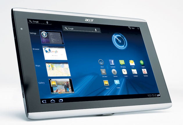 (1) Acer Iconia Tab A500<br/>
This 10.1in Android Honeycomb tablet is fast, enjoyable to use and has a great internet browser. The lack of dedicated Honeycomb apps is a problem, but these will increase fast. Not as light as the iPad 2, but manageable.<br/