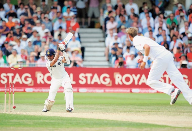 Sreesanth of India is bowled by Stuart Broad of England to win the second npower Test match between England and India at Trent Bridge
