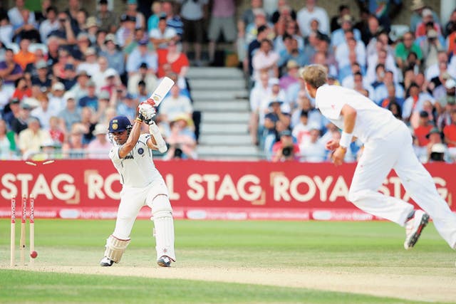 Sreesanth of India is bowled by Stuart Broad of England to win the second npower Test match between England and India at Trent Bridge