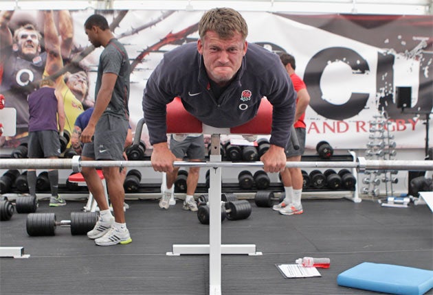 Mark Cueto is put through his paces during a recent England training session