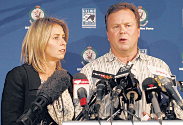 The parents of Madeleine Pulver talk to the press in Sydney after her ordeal