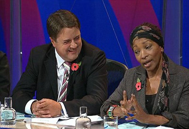 Greer says sitting next to Nick Griffin (left) 'was probably the weirdest and most creepy experience of my life'