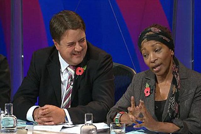 Greer says sitting next to Nick Griffin (left) 'was probably the weirdest and most creepy experience of my life'