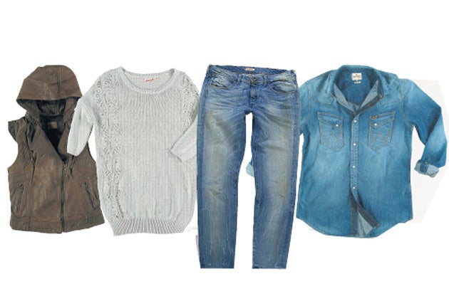From left to right: Leather gilet £255, Cobweb knit £70, Jayne jeans £105, Denim shirt £90