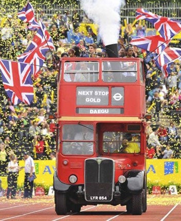 British athletes get on the bus at the end of Saturday's London Grand Prix