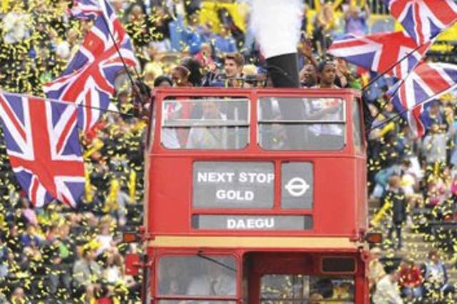 British athletes get on the bus at the end of Saturday's London Grand Prix