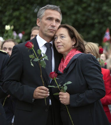 Labour Prime Minister Jens Stoltenberg, pictured with his wife Ingrid at a vigil in Oslo, has called on politicians to think about what they say in the wake of the 22 July attacks
