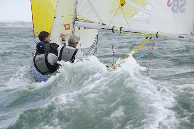 Eau No!, the SB3 owned by Mark Stokes of Winchester, revels in the boisterous conditions of Aberdeen Cowes Week