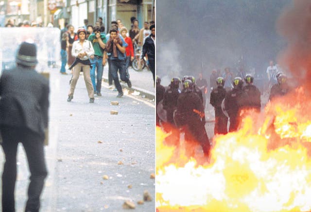 Left: Brixton in 1981: Rioters have returned to the streets of Brixton after 30 years, right
