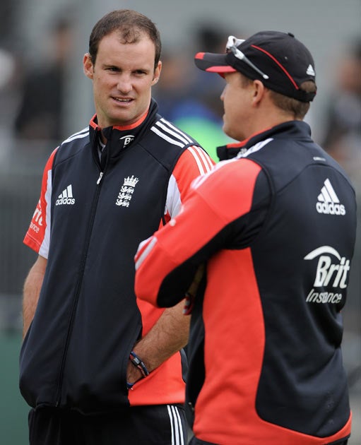Strauss and Andy Flower pictured during training earlier today