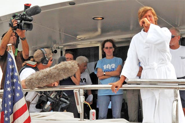 Diana Nyad speaks to fans in Key West, Florida, yesterday, following her failed attempt to swim there from Cuba