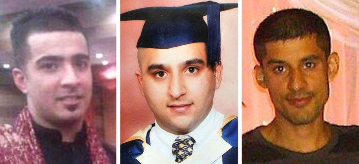 Left to right: Haroon Jahan, Shazad Ali and Abdul Musavir who died when they were mowed down by a car