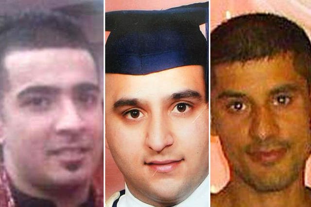 Left to right:  Haroon Jahan, Shazad Ali and Abdul Musavir who died when they were mowed down by a car
