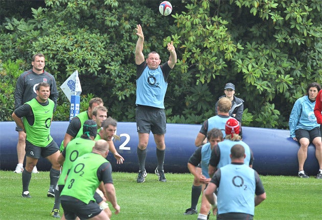 England hooker Steve Thompson practises line-outs at Pennyhill Park