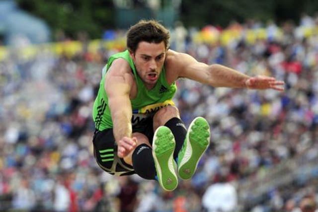 Mitchell Watt competes in the Men's Long Jump event of the London Diamond League meeting