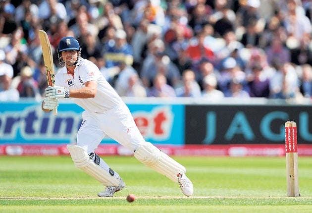 Alastair Cook picks up runs on the offside as he returns to his Ashes form yesterday