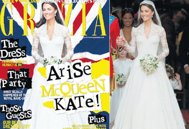 The cover of Grazia magazine (left), and the original shot of the Duchess on her wedding day
