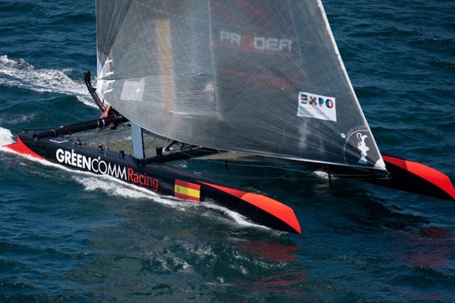 GreenComm has Italian roots, is based in Valencia, and has British Olympic squad sailor Ed Wright in the crew while racing at the inaugural regatta of the America's Cup World Series in Cascais, Portugal
