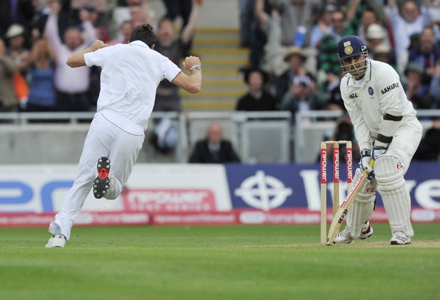 An ecstatic James Anderson dismisses Virender Sehwag for a king pair
