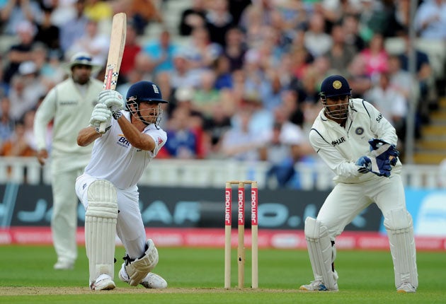 Alastair Cook smashes the ball away through the off side during his
monumental knock