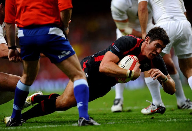 Wales's James Hook dives over to score the only try of the game