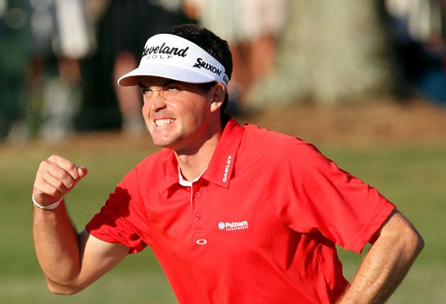 Keegan Bradley, on his major debut, celebrates winning the USPGA after a play-off with Jason Dufner