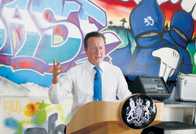 What would Starkey say? Three days after the historian David Starkey's attack on gang culture, David Cameron stood in front a display of street graffiti as he outlined his response to the rioting that has shaken English cities in a speech at a youth centre in Witney, Oxfordshire.