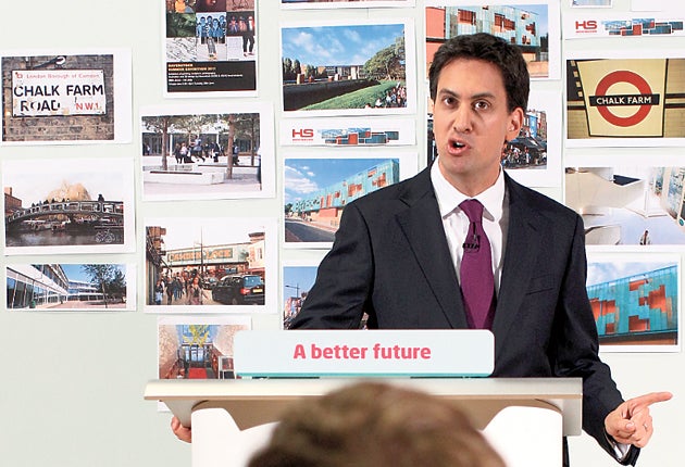 Ed Miliband delivers a speech at his old school in Chalk Farm, London,
yesterday