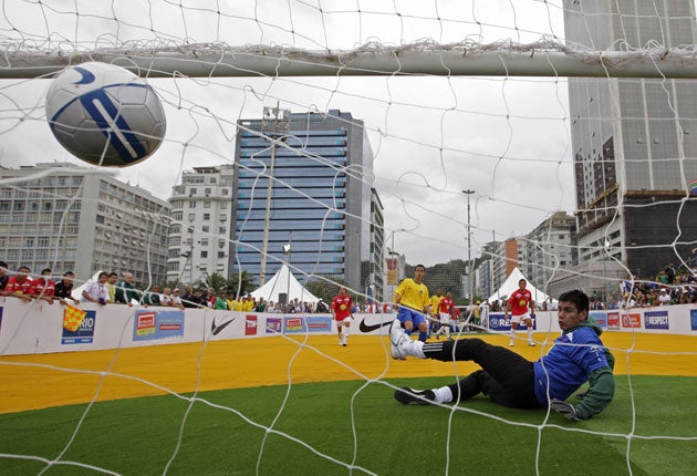 Brazil scores against Chile in last year's Homeless World Cup in Rio de Janeiro