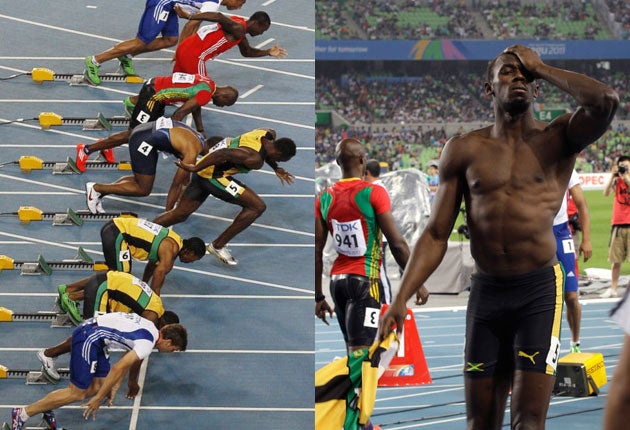 Usain Bolt false starts in the 100m final and (right) shows his disappointment after his disqualification