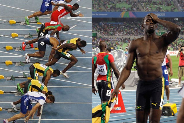 Usain Bolt false starts in the 100m final and (right) shows his disappointment after his disqualification