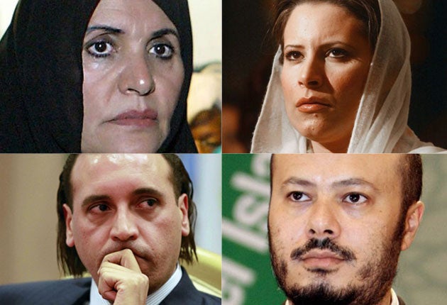 Clockwise from left: Safia Gaddafi, the dictator's second wife; daughter Aisha, eldest son Mohammed, and Hannibal
