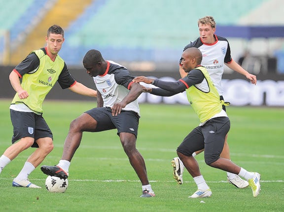 England's Gary Cahill, Micah Richards, Jermain Defoe and Phil Jones take part in training in Sofia yesterday