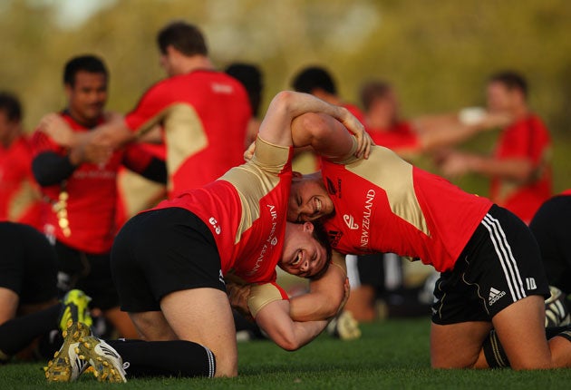 All Blacks Colin Slade (left) and Israel Dagg train ahead of their World Cup opener against Tonga