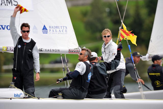 United in protest, the two Americans in Ian Williams' Team GAC Pindar, Matt Cassidy (left) and Bill Hardesty, second from right, flag their concerns to the umpires for the World Match Racing Tour in St. Moritz