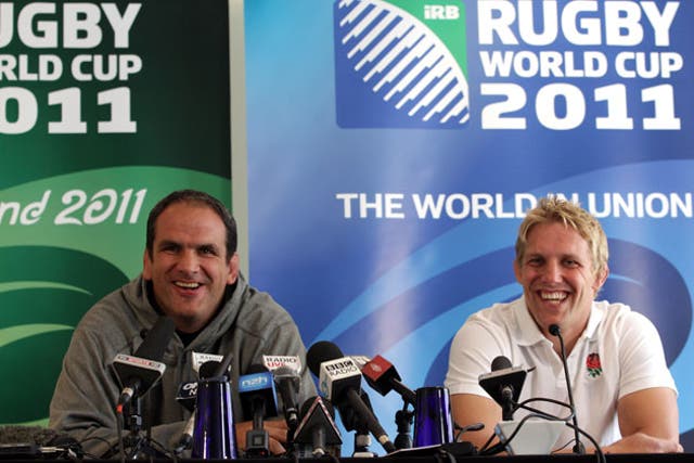 England captain Lewis Moody (right, with Martin Johnson) is all smiles with the press at the weekend but he knows his side have a tough pool to negotiate