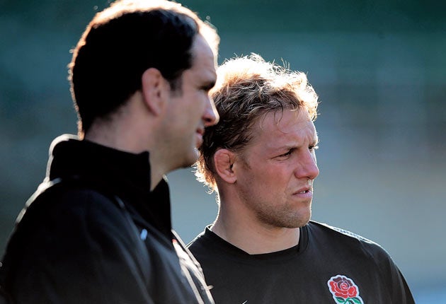 Martin Johnson (left) and Lewis Moody look on during a training session in Dunedin