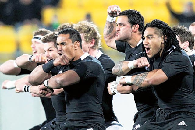 <p>New Zealand All Blacks players perform a haka</p>