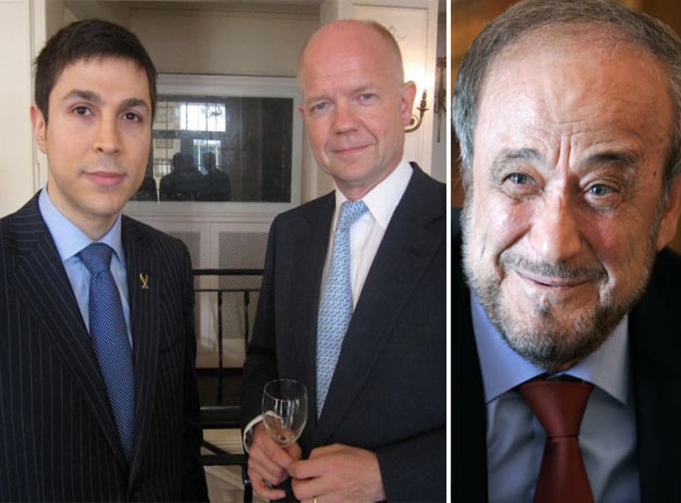 Left, Ribal Assad with William Hague; right, his father Rifaat