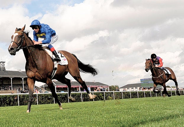 Meeznah gallops clear to land the Park Hill Stakes at Doncaster yesterday