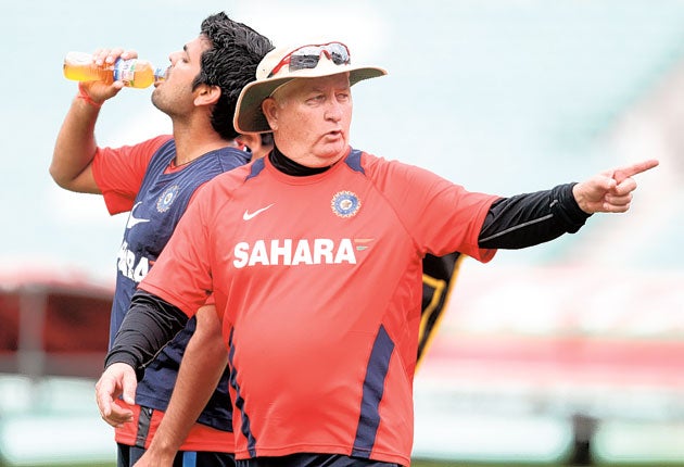 India coach Duncan Fletcher directs proceedings during a nets session at The Oval yesterday