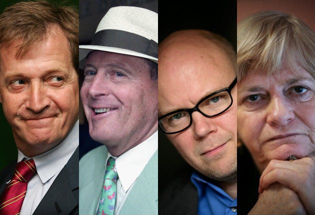 From left to right: Alastair Campbell, Geoffrey Boycott; Toby Young; Ann Widdecombe