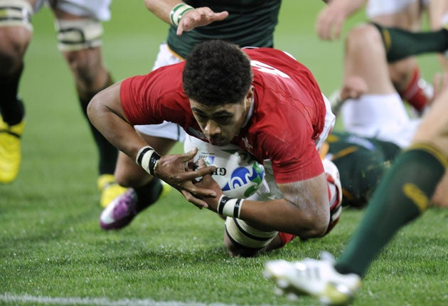 Wales No 8 Toby Faletau goes over for his try against South Africa yesterday