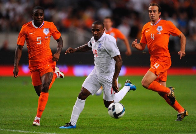 Jermain Defoe in action for England in their 2009 friendly against the Dutch in Amsterdam