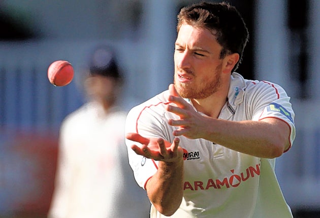 Glamorgan's Will Owen practises with a pink ball against Kent yesterday