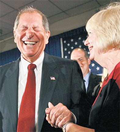 Bob Turner, joined by his wife Peggy, delivers his victory speech in New York yesterday. The Republican businessman defeated Democrat David Weprin to succeed Anthony Weiner