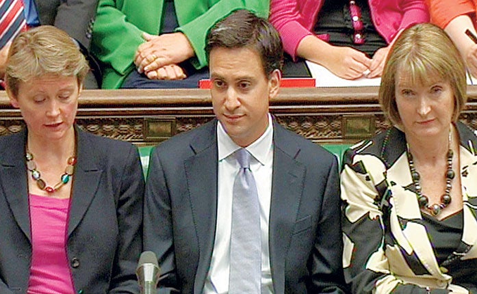 Ed Miliband yesterday flanked by Yvette Cooper, left, and Harriet Harman