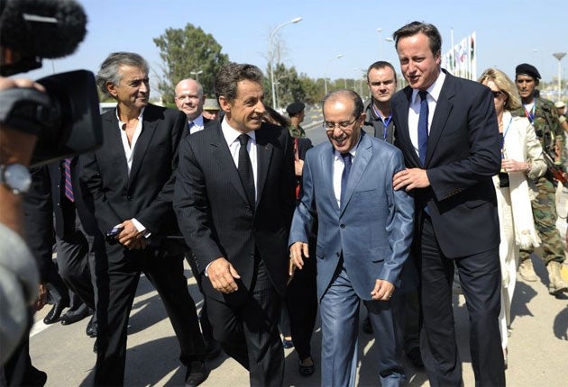 In Tripoli yesterday, from left: Bernard-Henri Lévy, Nicolas Sarkozy, Mahmoud Jibril and David Cameron