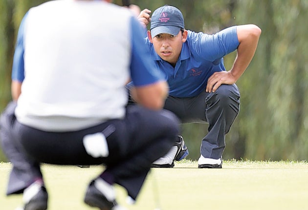 Spain's Pablo Larrazabal lines up a putt at the second hole at the Seve Trophy